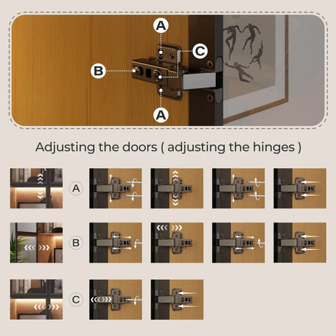 Adjusting hinges on the Walnut Display Cabinet With Glass Doors And Three Drawers App Controlled LED Lights Tall Bookcase Storage Display Case