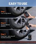 Cordless Tire Inflator Portable Air Pump Kit With Large Digital Display Fast 1 Minute Inflation 150 PSI LED Light shown in use.
