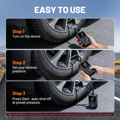 Cordless Tire Inflator Portable Air Pump Kit With Large Digital Display Fast 1 Minute Inflation 150 PSI LED Light shown in use.