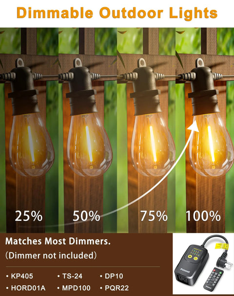 Dimmable settings of 95Ft LED Outdoor String Lights With 30 Edison Shatterproof Bulbs IP65 Waterproof Dimmable 2700K