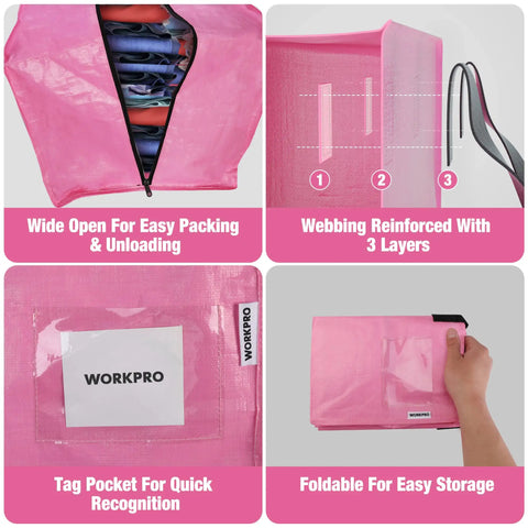 Extra Large Move Bags Set With Zippers And Carrying Handles Heavy Duty Storage Tote With Backpack Straps in pink, open with folded clothes