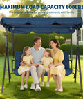 Family sitting on a blue three-seat outdoor swing chair with adjustable canopy and stable metal frame in a backyard setting.