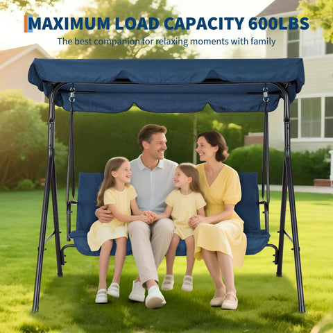 Family sitting on a blue three-seat outdoor swing chair with adjustable canopy and stable metal frame in a backyard setting.