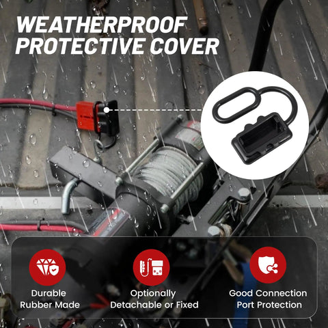 Beefy 175A Quick Connect Battery Plug And Play Kit with weatherproof cover, visible on trailer with red connector, outdoor use.