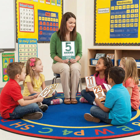 Teacher using Boho Number Card Set for Classroom 0 To 25 with children in a circle on a colorful rug in a kindergarten classroom.
