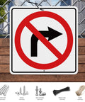 Large No Right Turn Sign 18 x 18 Inches High Visibility Reflective Aluminum Engineered Grade Safety Sign For Night Driving And Daytime Traffic In Streets Parking Lots And Work Zones mounted on a chain-link fence