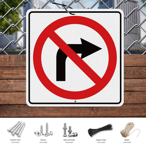 Large No Right Turn Sign 18 x 18 Inches High Visibility Reflective Aluminum Engineered Grade Safety Sign For Night Driving And Daytime Traffic In Streets Parking Lots And Work Zones mounted on a chain-link fence