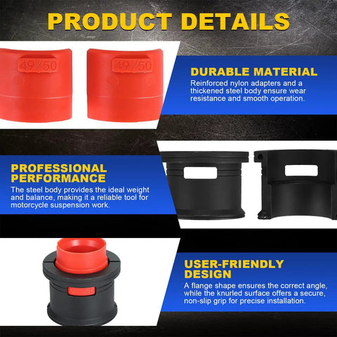 14 Piece Universal Fork Seal Driver Tool Kit for Motorcycle Front Forks 35mm to 50mm, durable nylon adapters, user-friendly design