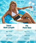 Woman wearing Waterproof Fanny Pack For Women With Sandproof Dry Bag Pouch in pool, donut float, belt size chart visible