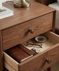 Wooden nightstand with 2 Pack Antique Brass Cabinet Knobs 1.18 Inch Round Dresser Drawer Knobs, accessories inside drawer