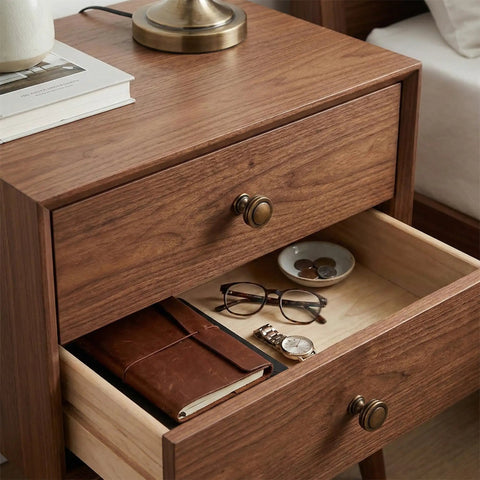 Wooden nightstand with 2 Pack Antique Brass Cabinet Knobs 1.18 Inch Round Dresser Drawer Knobs, accessories inside drawer