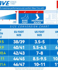 Size conversion chart for Long Blade Diving Fins For Freediving And Spearfishing, showing foot sizes in EU, US, and UK.