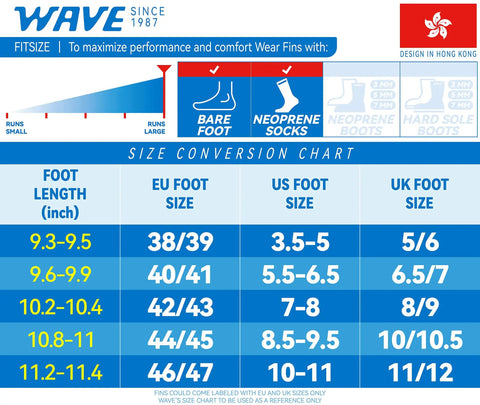 Size conversion chart for Long Blade Diving Fins For Freediving And Spearfishing, showing foot sizes in EU, US, and UK.