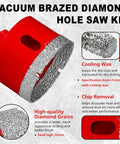 Pro Shop Ready Vacuum Brazed Diamond Hole Saw Kit contains a close-up of a heavy-duty diamond hole saw blade for wet dry drilling.