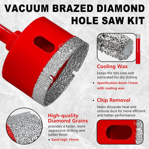 Pro Shop Ready Vacuum Brazed Diamond Hole Saw Kit contains a close-up of a heavy-duty diamond hole saw blade for wet dry drilling.