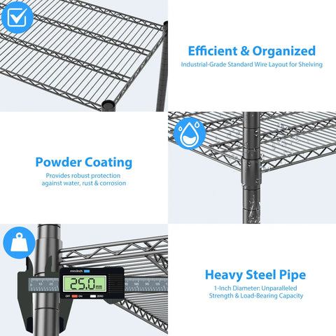 Beefy 4 Tier Wire Shelving Unit On Wheels 60 Inch Wide 24x60x72 Inches Holds Up To 2,400 Lbs Adjustable Metal Shelves black powder coated steel close-up