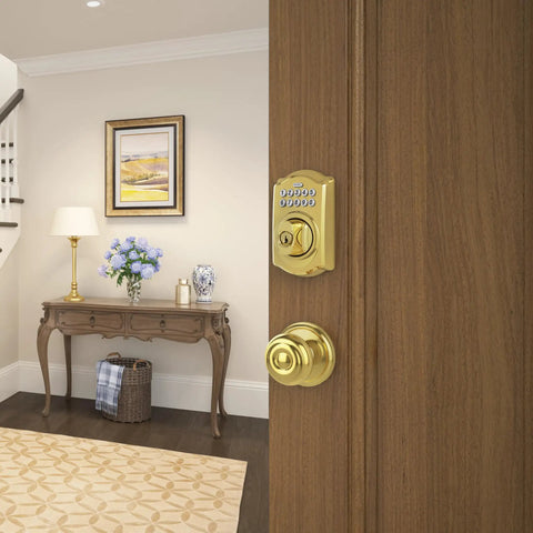 Lock Down Your Doorway With This Sleek Electronic Keypad Deadbolt That Comes Straight Up Preprogrammed For Smooth Keyless Entry And Holds Up To Nineteen Custom Codes In Bright Brass