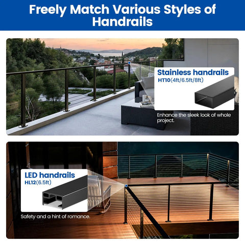 16 To 20 Ft Modular Black Cable Railing Kit For Decks With 36 Inch Posts And 5 Level Post Kit, evening and daylight views