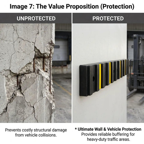 Heavy Duty Rubber Wall Bumpers For Loading Docks With A Badass Impact Resistant Base That Takes The Heat So Delivery Trucks And Forklifts Stay Secure Without Scuffing Your Warehouse Walls After Shifts displayed with unprotected wall damage.