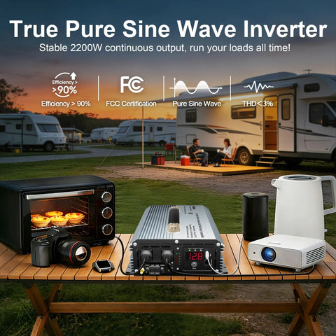 Total Game Changer Off Grid Solar Kit Packing 2200 Watt Inverter with 20A PWM Controller on a table by RV