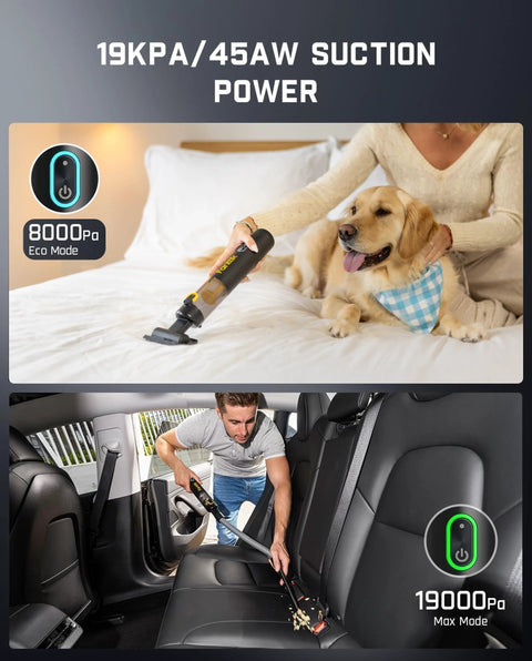 Fanttik Slim V8 APEX cordless handheld car vacuum, black; dual-view showing bed cleaning with a dog and car interior.