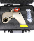 Heavy Duty Hydraulic Torque Wrench With Anti Corrosion Alloy Body And Square Drive Featuring 360 Degree Swivel Arms Push Button Shaft And Rock Solid 700 Bar Performance in protective case, showing detail of wrench design.