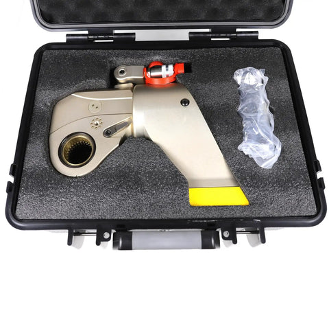 Heavy Duty Hydraulic Torque Wrench With Badass Clamping Power And Smooth Ratchet Action For Real Deal Shop Work Plus Anti Corrosion Alloy Build And Easy Push Button Shaft Swap in sturdy case.