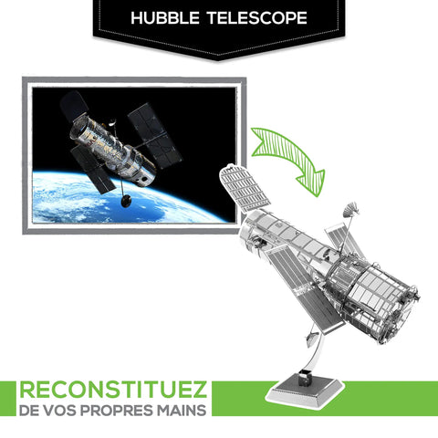 Hubble Space Telescope 3D Metal Model Kit For Teens And Adults No Glue No Solder Clip And Bend Build With Tweezers Easy Hobby Space Science Gift Hands On Fun For Makers And STEM Lovers, silver model on stand