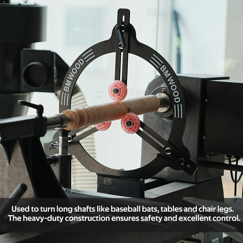 Heavy Duty Woodturning Steady Rest With Triple Rubber Rollers For 16 18 20 Inch Swing Lathes mounted on a lathe, stabilizing a wood shaft.