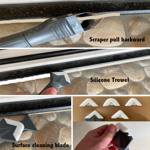 3 In 1 Silicone Caulking Tool Kit With Stainless Steel Head showing scraper, trowel, blade, and replaceable silicone pads.