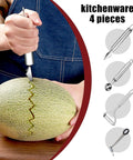 4-piece silver kitchen tool set with vegetable peeler, crinkle cutter, melon slicer and scoop; front view on a melon.