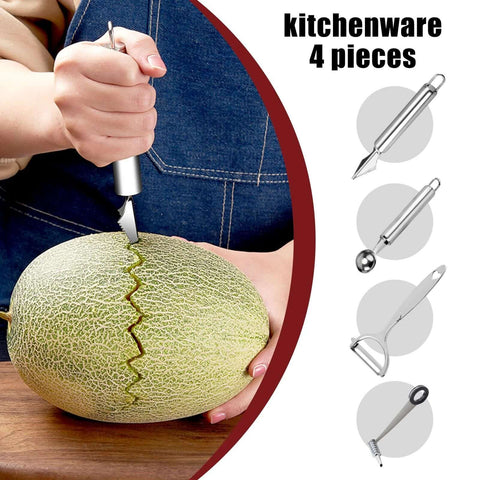 4-piece silver kitchen tool set with vegetable peeler, crinkle cutter, melon slicer and scoop; front view on a melon.