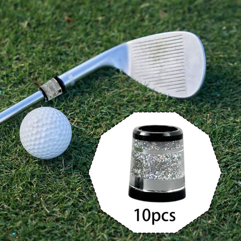 10X Golf Club Ferrules For 0.37 Inch Iron Shafts Replacement Accessories For Tight Fit Easy Install Practice And Assembly Silver Argent Finish Great For Golf Club Repair And Upgrades On The Course, showing ferrule close-up and installed on club with ball on grass