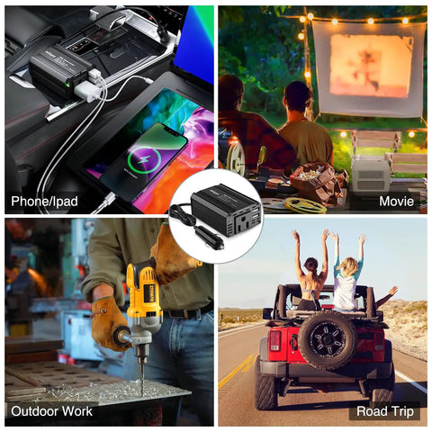 Road Ready 150 Watt Car Power Inverter Plugs Straight Into Cigarette Lighter To Crank Out 12V DC To 110V AC With Dual 3.1A USB Ports And Standard Outlet For Solid Everyday Charging On The Fly used in car for charging phones, outdoor work, and movie viewing.