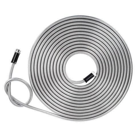 Stainless Steel Metal Garden Hose 75 Ft Flexible No Kink Water Hose For RV Drinking Potable Safe spiraled on white background