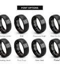 Slick Architect Blueprint Grid Ring In Black Plated Tungsten Carbide displayed in various font options for customization.