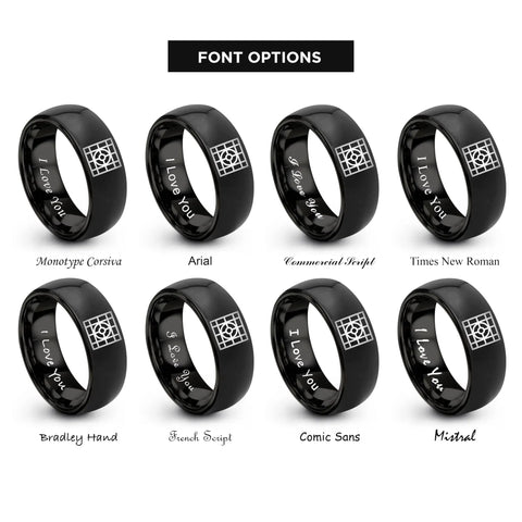 Slick Architect Blueprint Grid Ring In Black Plated Tungsten Carbide displayed in various font options for customization.
