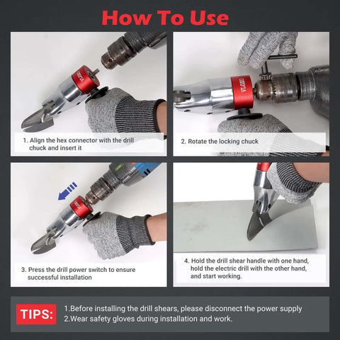 Instruction guide for using Sheet Metal Cutter Drill Attachment For Electric Drills, Heavy Duty Shear with 360 Degree Pivoting Handle.