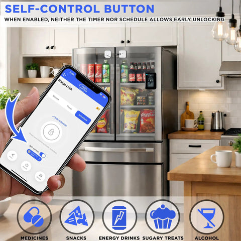 App Controlled Smart Lock For Snacks Food And Alcohol With Built In Timer And Scheduling Modes For Fridge Cabinet Or Pantry Keep Temptation Locked Tight; mobile app interface shown.