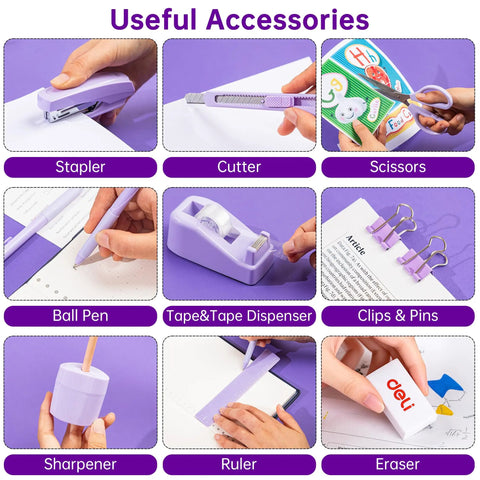Purple Desk Organizer Set All in One Office Supplies Kit Boss Desk Must Have with Rotating Pen Holder and Stapler, Tape Dispenser