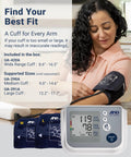 Front view of A&D UA-767FAC home upper-arm blood pressure monitor with wide-range cuff (22–42 cm) and display.