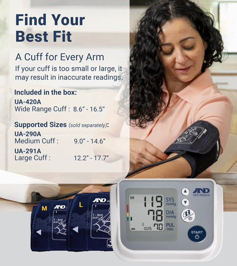 Front view of A&D UA-767FAC home upper-arm blood pressure monitor with wide-range cuff (22–42 cm) and display.