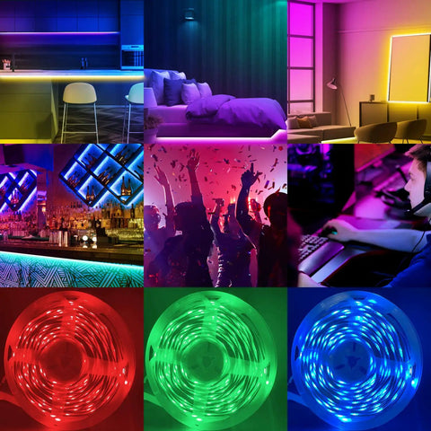 Two Rolls Of 65.6 Ft Color Changing LED Strip Lights, 130 Ft Total, Music Sync App Controlled RGB Vibe Lighting in various settings
