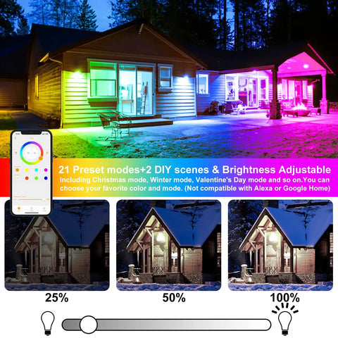 Outdoor Dope RGB Flood Light Kit With Bluetooth App Control illuminating a house with colorful lighting showcasing different brightness levels