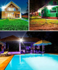JUDYSSY Led Floodlight 100W Led Solar Flood Lights illuminating backyard, garden, and pool area at night.