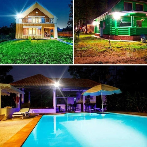 JUDYSSY Led Floodlight 100W Led Solar Flood Lights illuminating backyard, garden, and pool area at night.