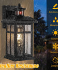 Legit Heavy Duty Motion Sensor Outdoor Wall Lights 2 Pack Featuring Dusk To Dawn Smart Settings and Hecka Bright Detection mounted on wall with rain.