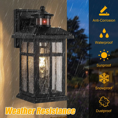 Legit Heavy Duty Motion Sensor Outdoor Wall Lights 2 Pack Featuring Dusk To Dawn Smart Settings and Hecka Bright Detection mounted on wall with rain.