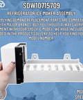 Hand holding Refrigerator Ice Maker Assembly Replacement Kit For Top Mount Models against a blue background.