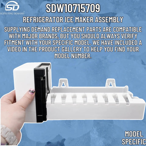Hand holding Refrigerator Ice Maker Assembly Replacement Kit For Top Mount Models against a blue background.